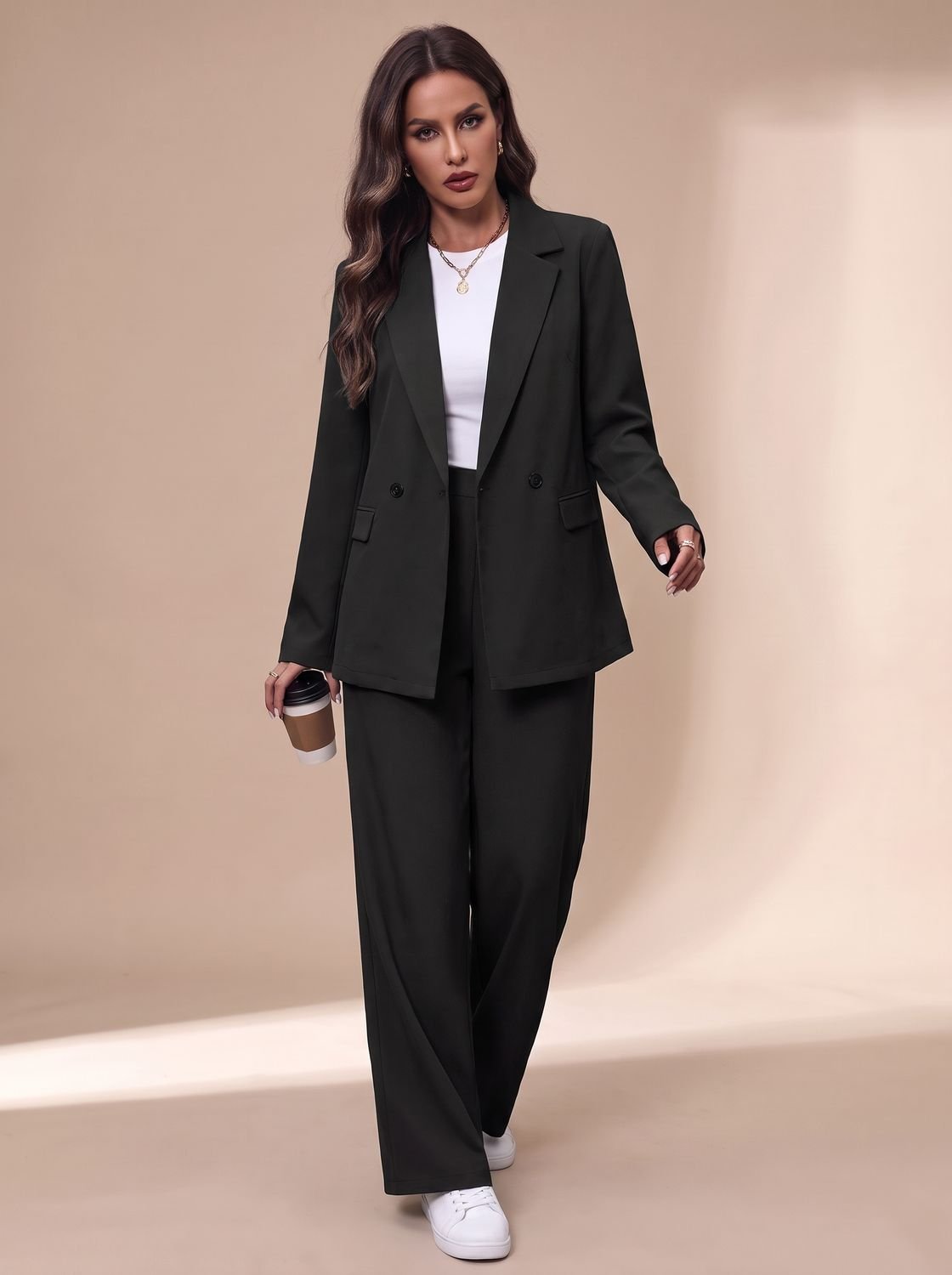 Clara Women's Fitted Double-Breasted Pant Suit with Wide Trousers