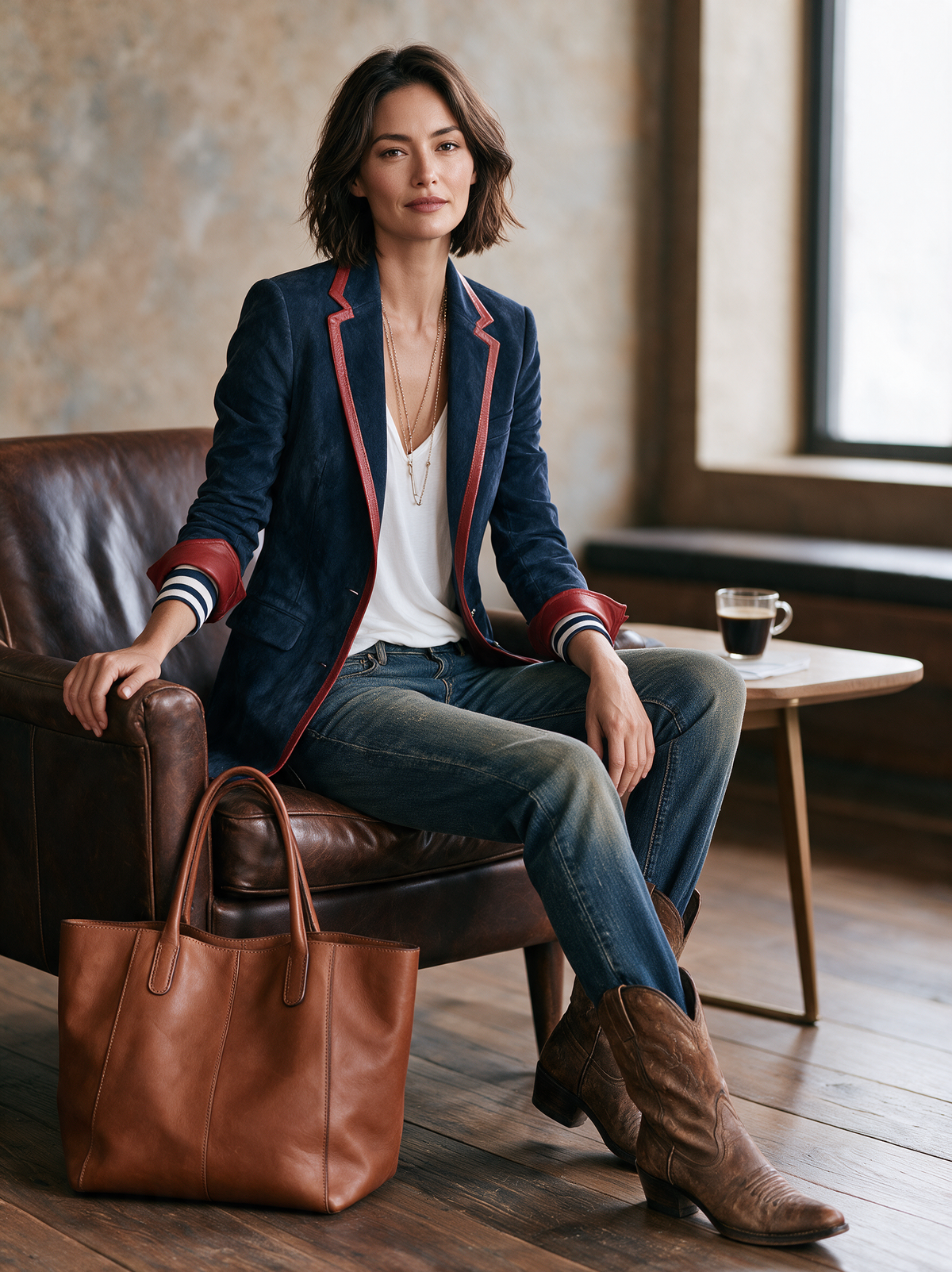 Women's Vintage-style Faux Suede Blazer With Red Leather Trim