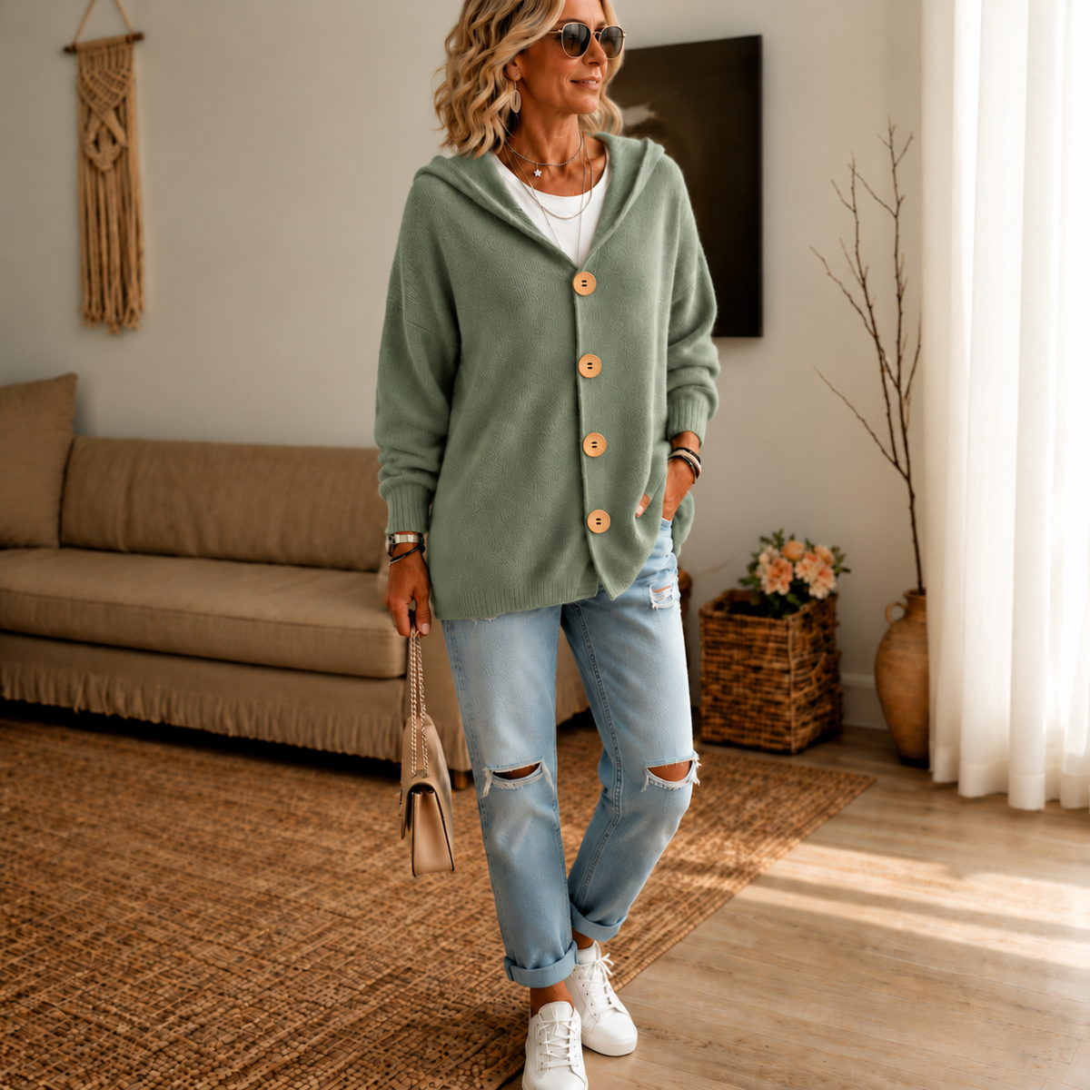 Hooded Waffle-Knit Button-Front Cardigan