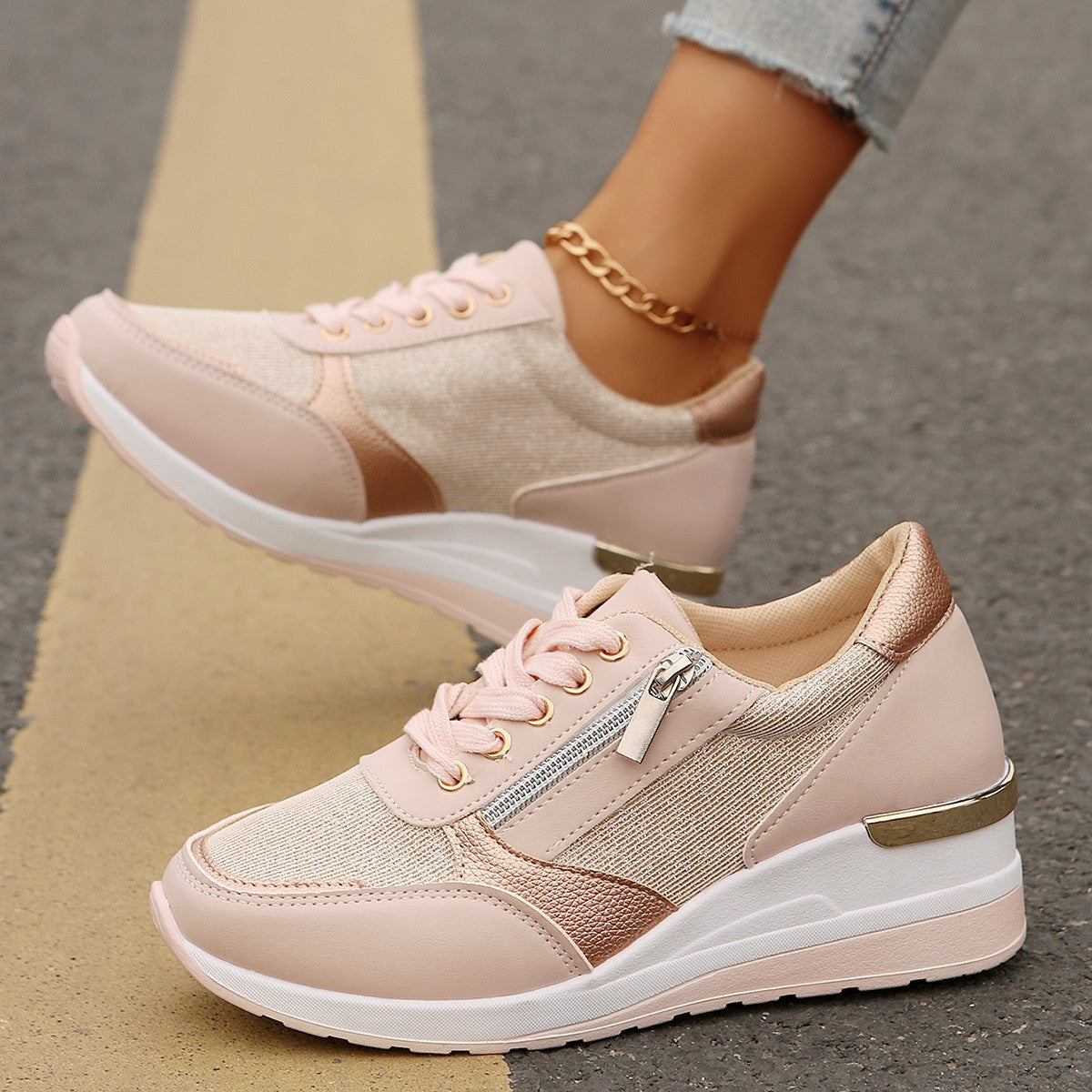 Women's Lace-Up Sneakers with Side Zip – Thick Sole, Comfort and Sporty Style