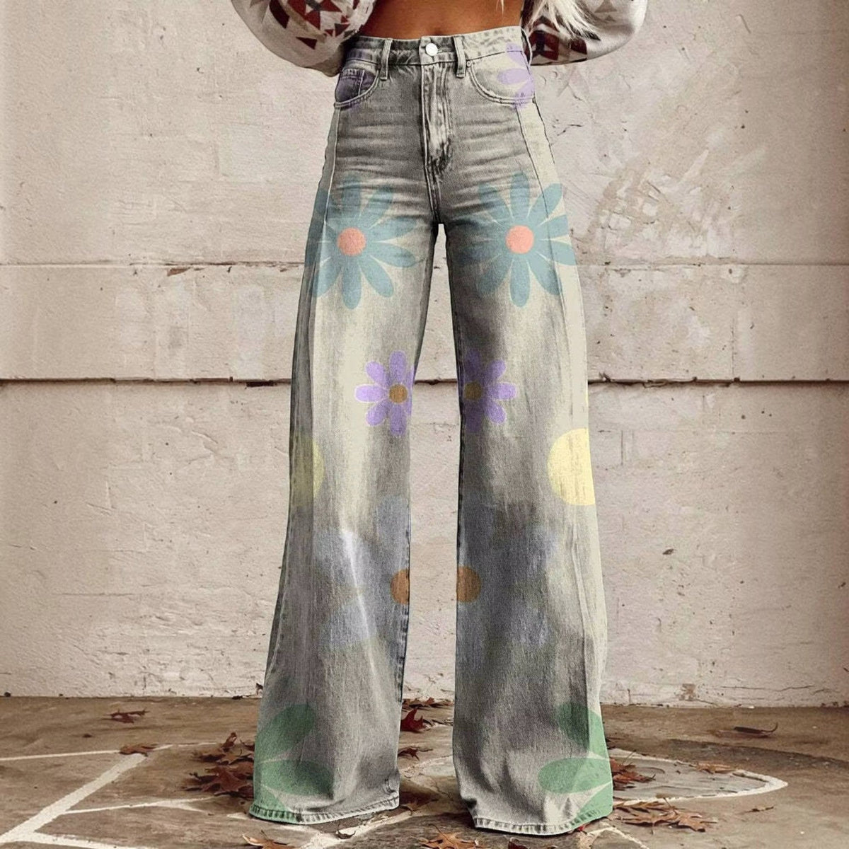 High Waisted Bell Bottom Pants with Floral Print and Stretch Fabric