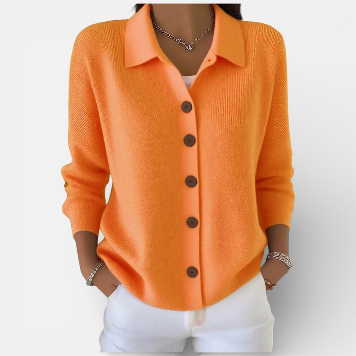 Knit Blouse with Polo Collar and Button Placket