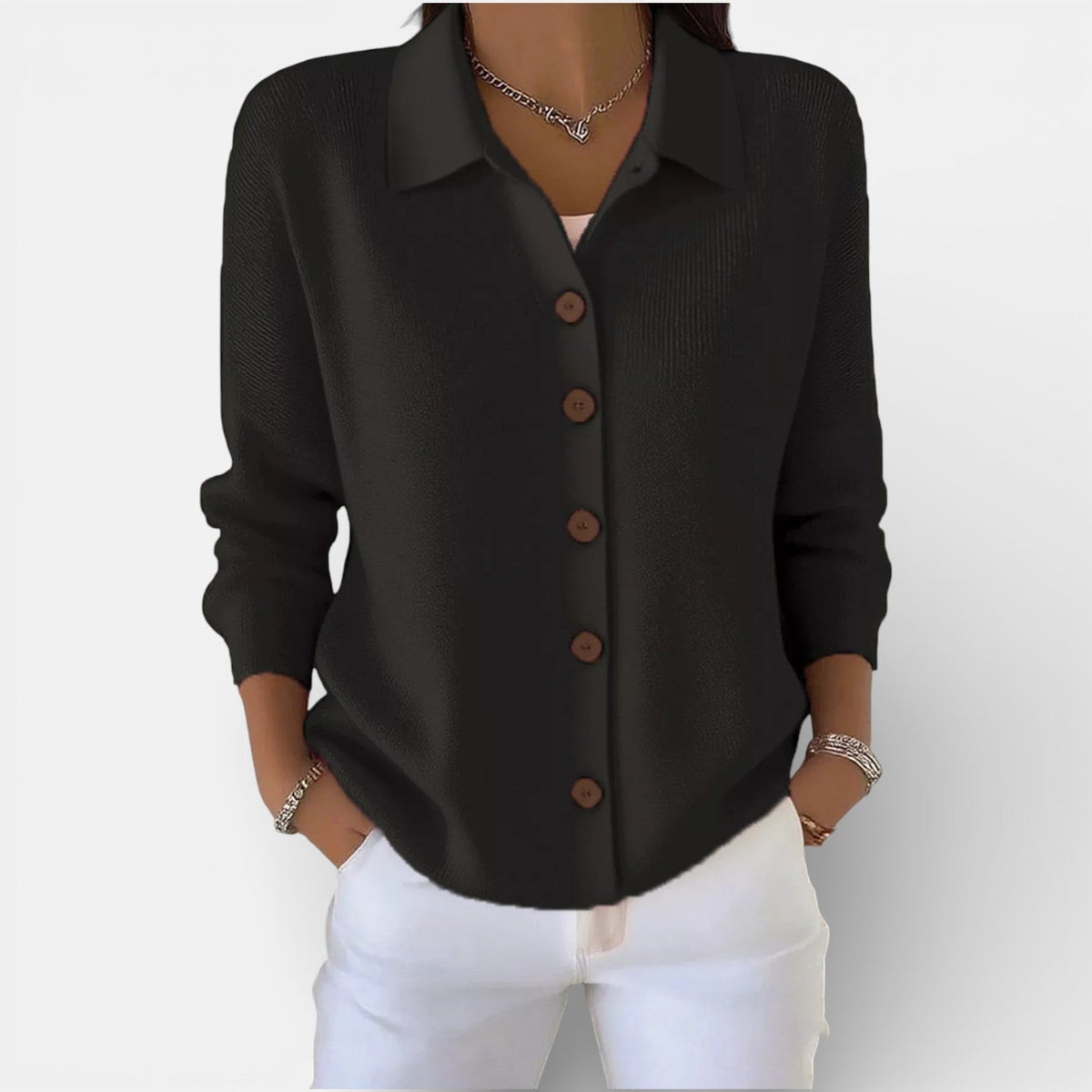 Knit Blouse with Polo Collar and Button Placket