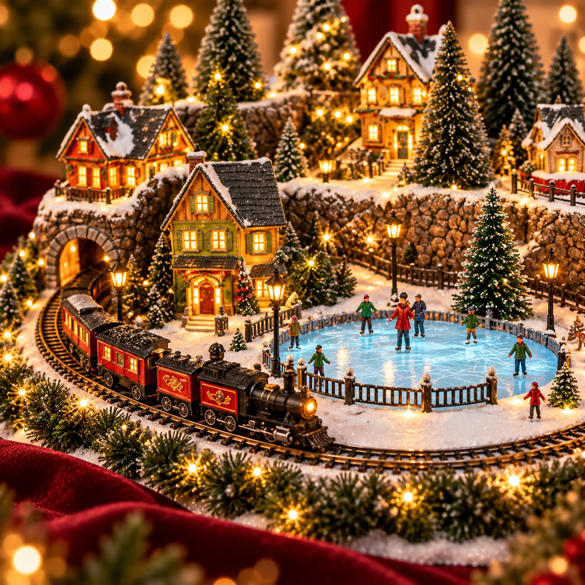 Animated Christmas train village scene with ice skating rink and glowing cottages