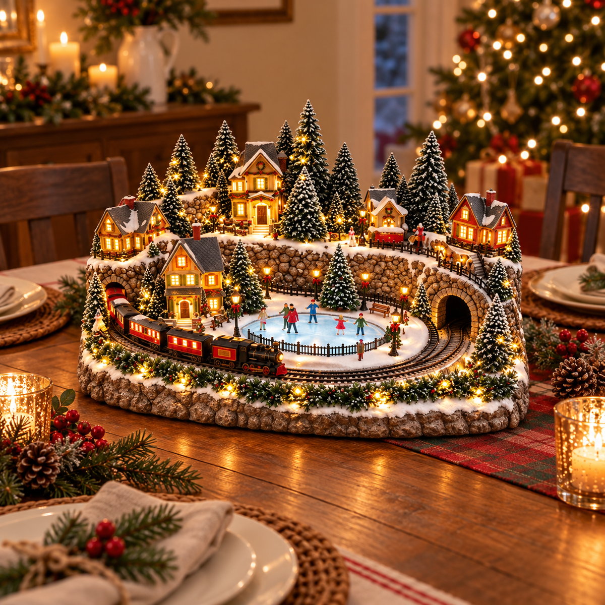 Animated Christmas train village scene with ice skating rink and glowing cottages