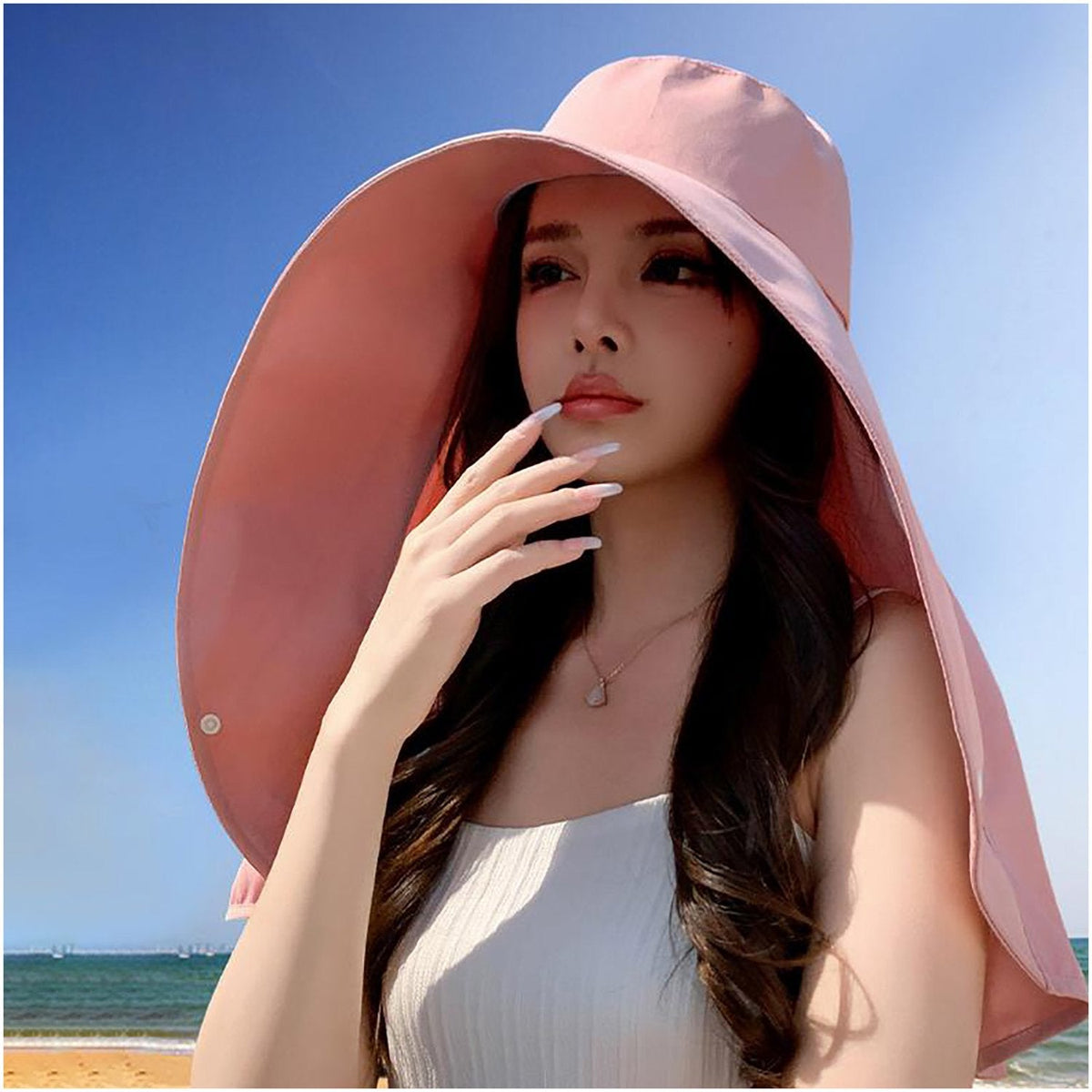 Wide Brim Sun Hat with Neck Flap and Ponytail Hole