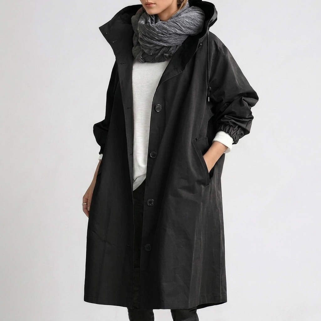 Women's Hooded Raincoat with Button Front and Long Length