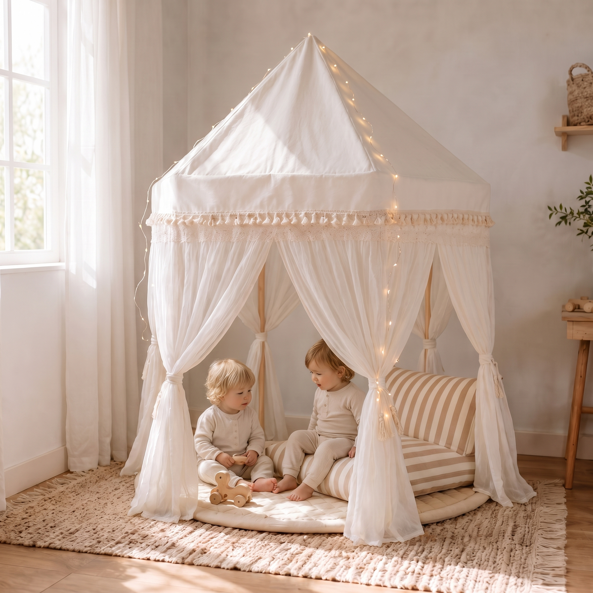 Ultimate Play Tent Bundle | Fairytale Tent, Quilted Mat, Fairy Lights & Support Pillow – Ivory