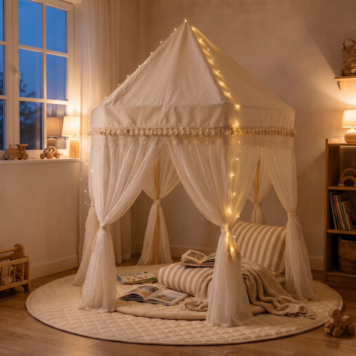 Ultimate Play Tent Bundle | Fairytale Tent, Quilted Mat, Fairy Lights & Support Pillow – Ivory
