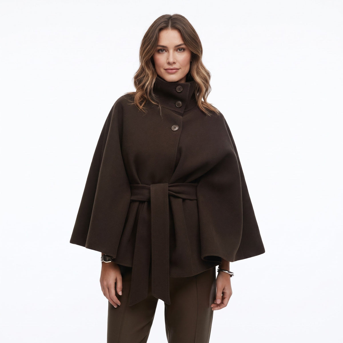Women's Belted Cape Coat with High Collar and Button Front