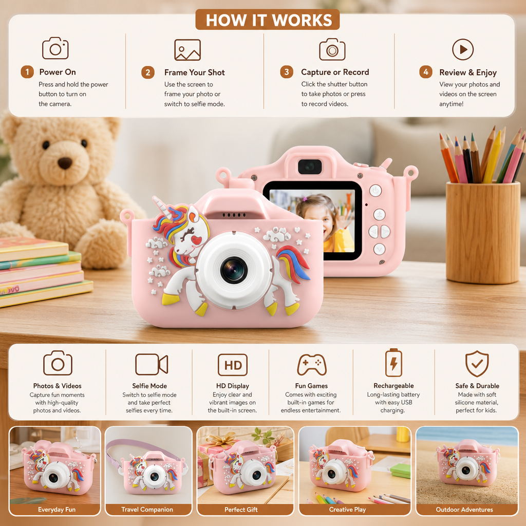 Rechargeable Kids' Digital Camera with Selfie Mode, HD Video & Silicone Case