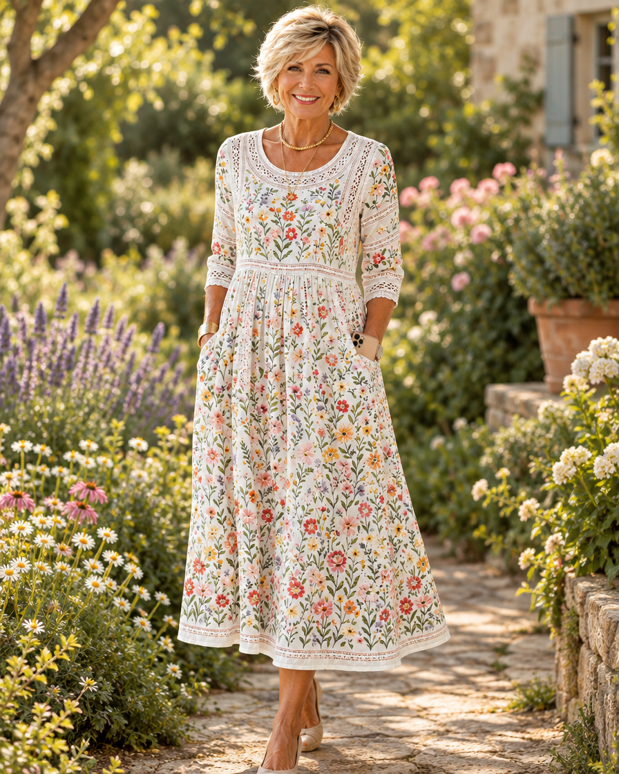 The Meadow Dress – Women's Floral Embroidered Midi with Pockets