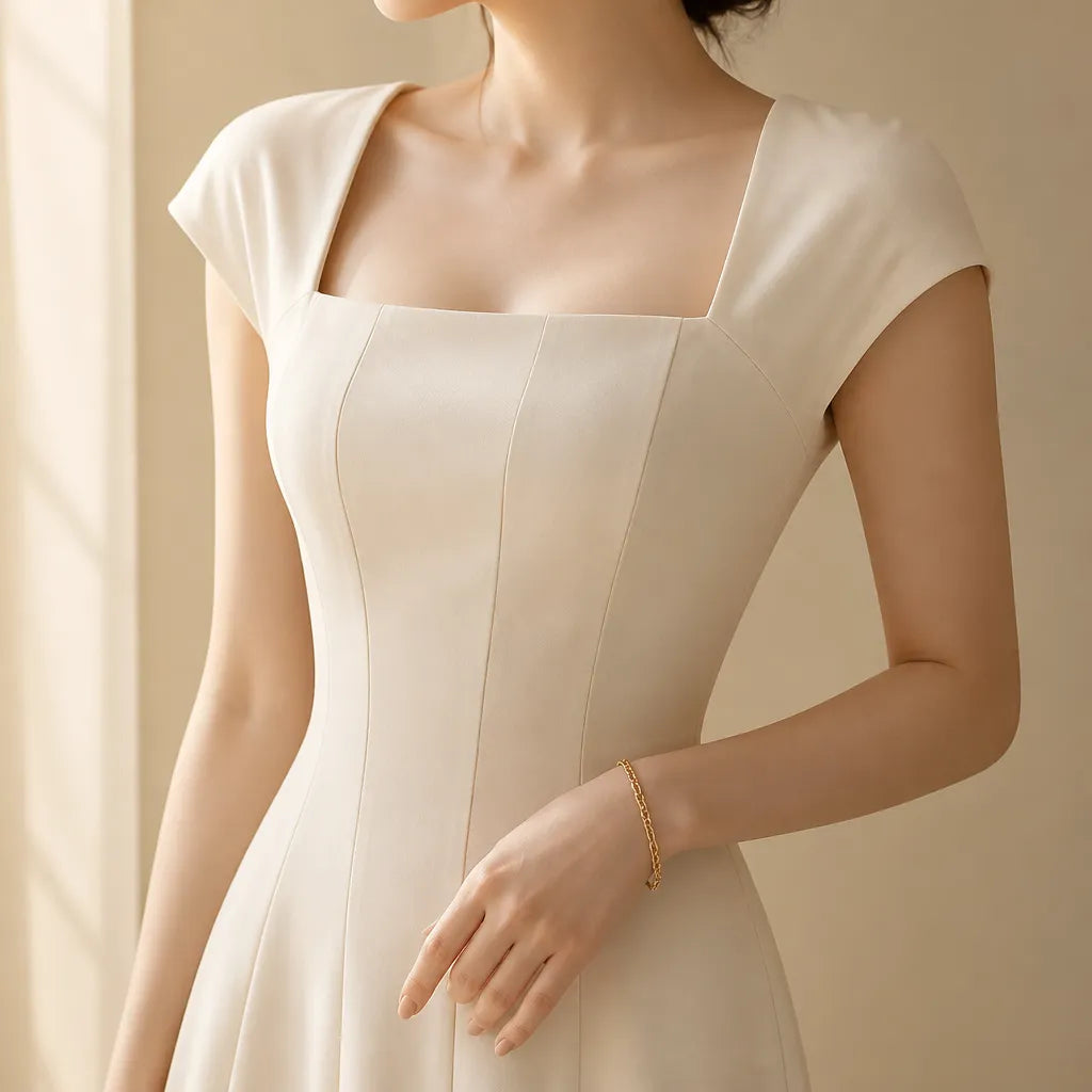 Square Neck A-Line Midi Dress with Sculpted Waist