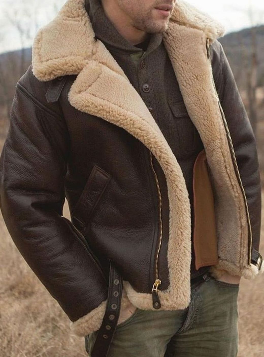 Men's aviator leather jacket sheepskin-lined with shearling collar