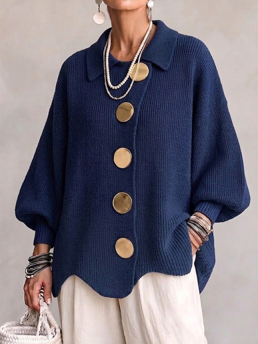 Oversized Collared Cardigan With Large Metal Buttons