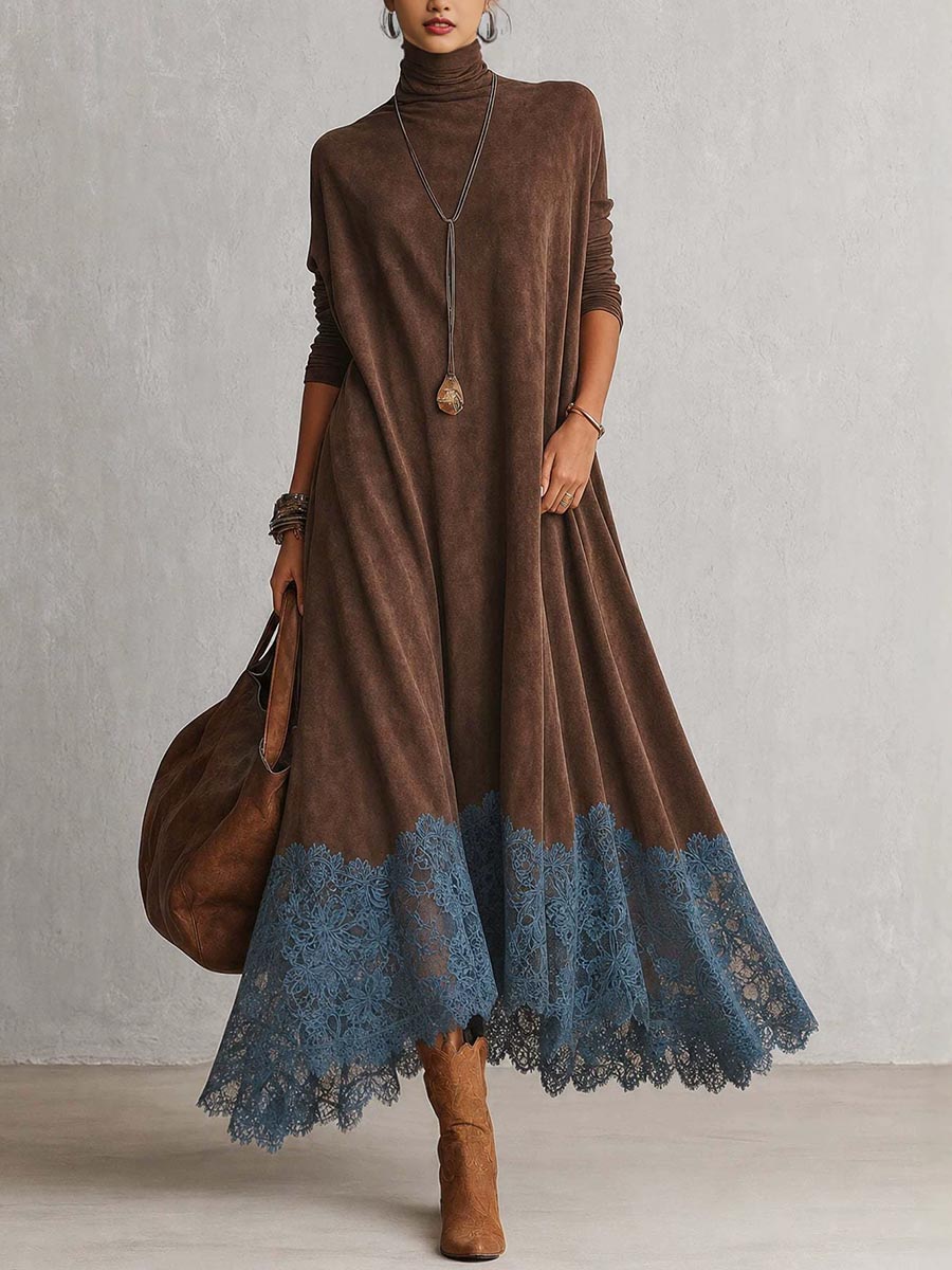 A-Line High-Neck Dress with Lace Panels and Long Sleeves