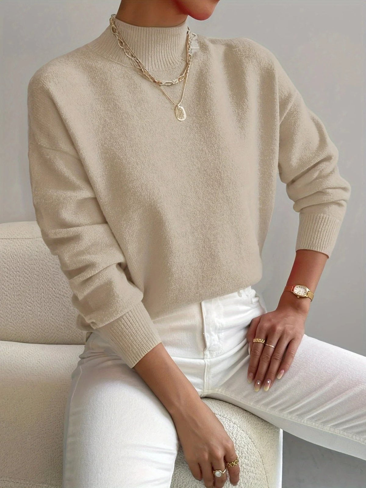 Sweater with High Neck and Ribbed Cuffs