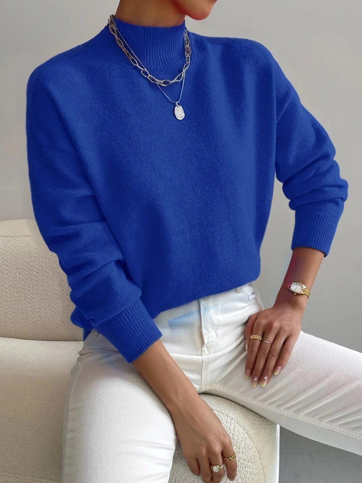 Sweater with High Neck and Ribbed Cuffs