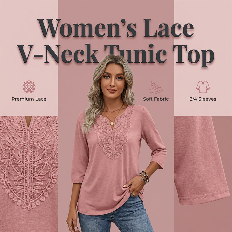 Lace-Trim V-Neck Blouse – Breathable Fabric & Flattering Drape for Work or Weekend