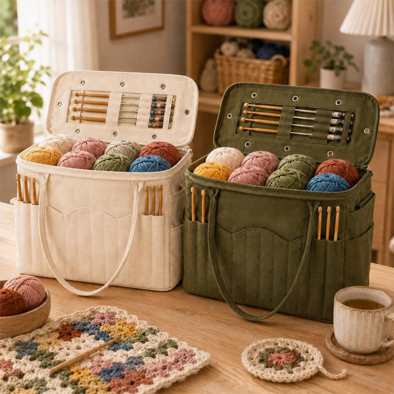 Practical Yarn Bag in Durable Canvas with Smart Compartments for Needles and Scissors