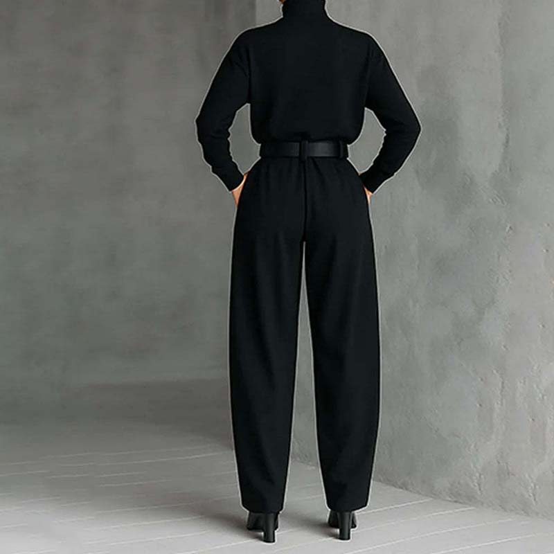 Elegant Women's Two-Piece Set: Turtleneck Shirt & High-Waist Trousers