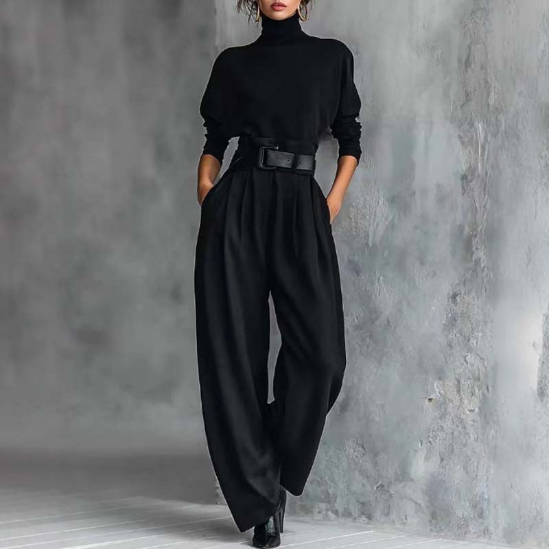 Elegant Women's Two-Piece Set: Turtleneck Shirt & High-Waist Trousers