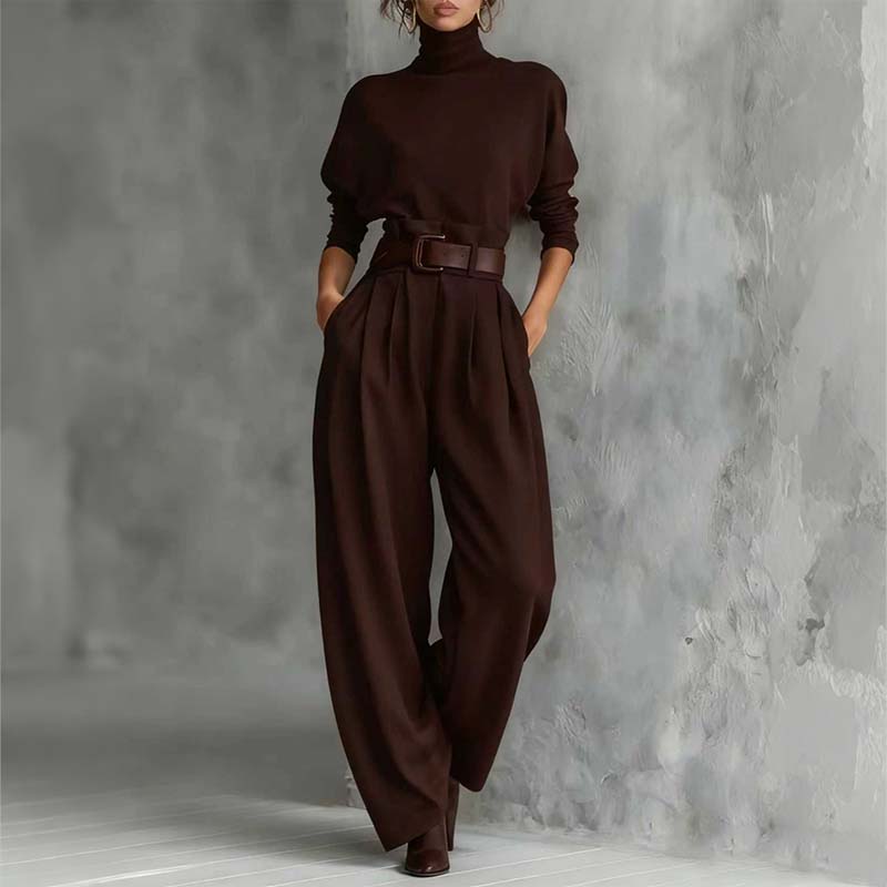Elegant Women's Two-Piece Set: Turtleneck Shirt & High-Waist Trousers
