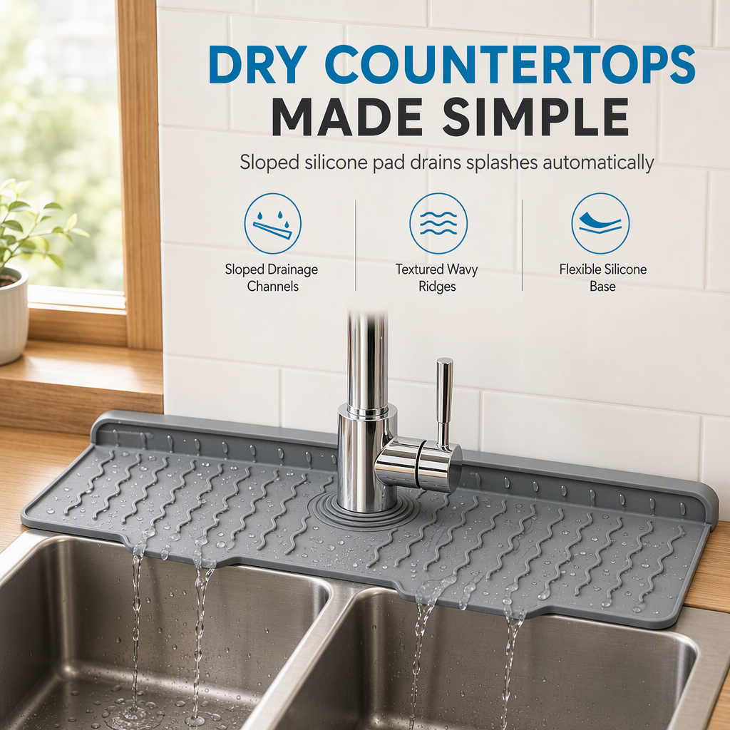 Silicone Splash Guard Mat for Sink and Faucet – Sloped Drainage Mat for Kitchen