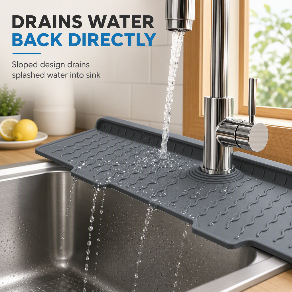 Trimmable Silicone Splash Guard Mat for Faucet – Self-Draining & Keeps Counter Dry