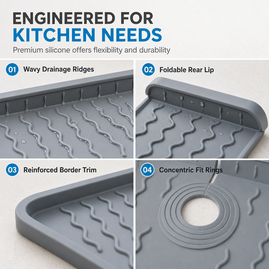 Silicone Splash Guard Mat for Sink and Faucet – Sloped Drainage Mat for Kitchen