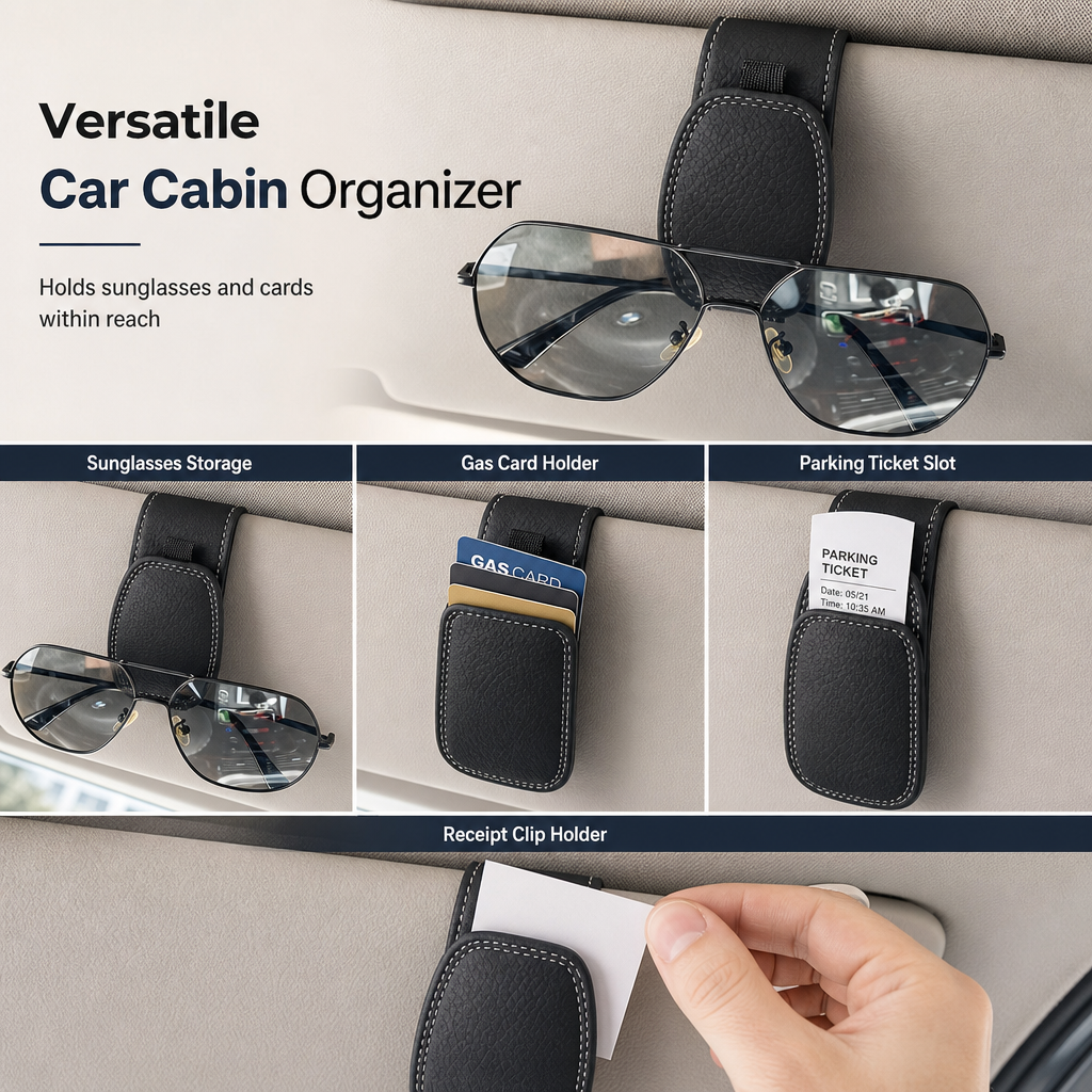 Car Sunglasses Holder — Magnetic Leather Clip, Ticket Card Mount