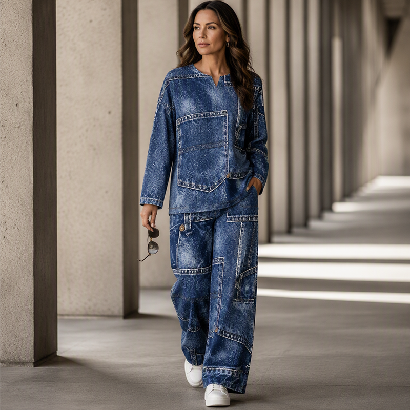 Women's Patchwork Top & Wide-Leg Pants 2-Piece Set