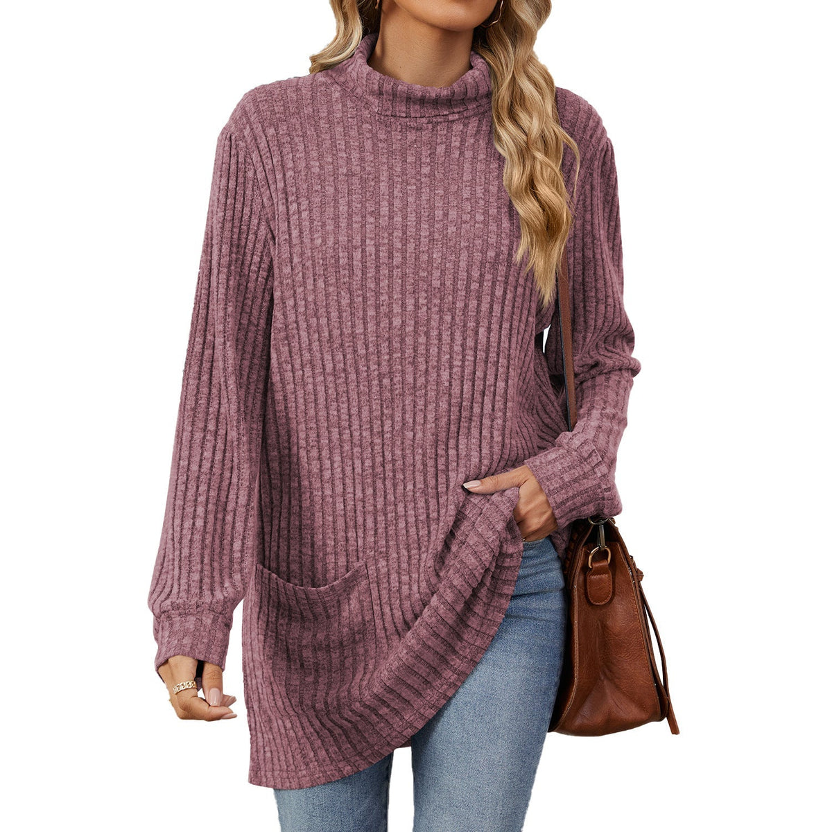 Loose-Fitting T-Shirt for Women with High Neck and Long Sleeves