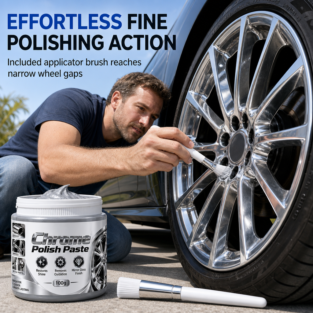 Metal Chrome Polish & Restorer Paste with Brush – Heavy-Duty Chrome Polishing Cream, Oxidation Remover for Car Wheels, Metal Trim, Faucets & Chrome Surfaces