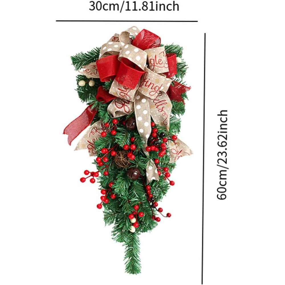 Upside Down Christmas Tree Door Swag with Bows and Berries, 60 cm
