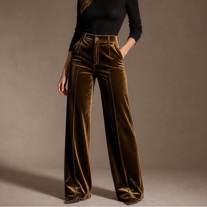 Velvet High-Waisted Wide-Leg Trousers