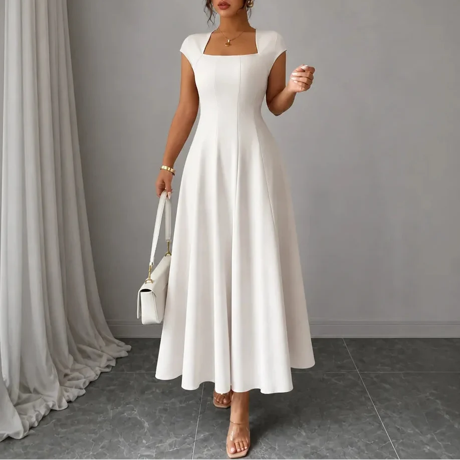 Square Neck A-Line Midi Dress with Sculpted Waist